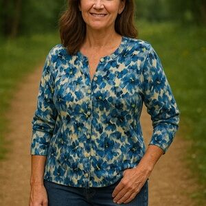 LANDS’ END MULTI COLOR Cotton FLORAL Print Button-Up Cardigan Size l